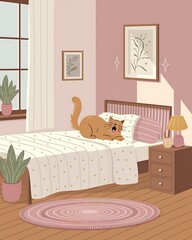 Pet Morning Routine Aesthetic cat stretching in pastel bedroom, cozy pet illustration of morning routine, aesthetic flat design home interior