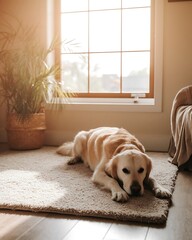 Pet Morning Routine Aesthetic golden retriever relaxing indoors, cozy pet moment at sunrise, aesthetic morning dog routine