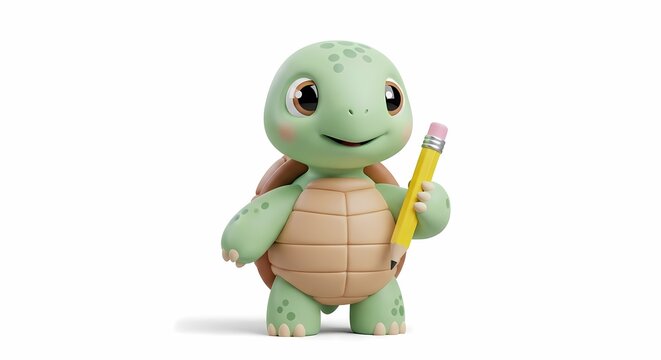 A charming, cartoon turtle stands holding a yellow pencil, ready to learn.