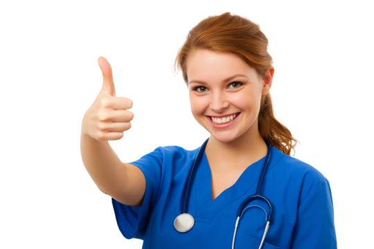 happy nurse with thumbs up and stethoscope isolated on white background