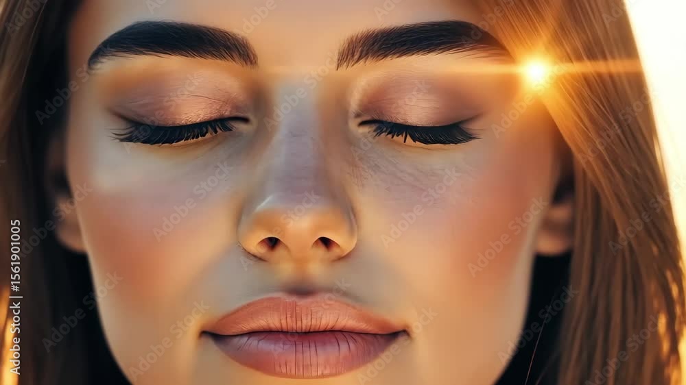 Aufkleber a close-up of a person's face with closed eyes and soft features, illuminated by sunlight creating a