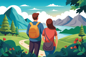 Happy family with children hiking together in the green summer mountain landscape