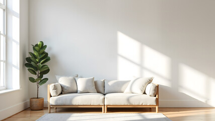 Interior of a bright living room with a sofa and soft pillows, empty wall space for design
