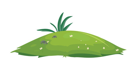 Greenery grass fields spring meadow with rock flat vector illustration