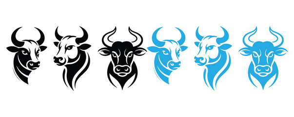Fototapeta premium Stylized bull heads in black and blue create a modern and versatile vector set of powerful animal symbols, silhouette
