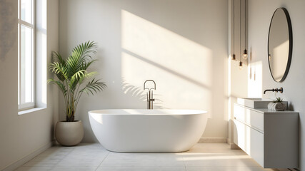 Fototapeta premium Luxury bathroom with freestanding bathtub with light from window on empty wall 