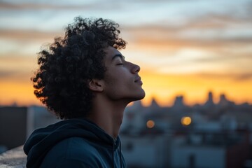 Young Man with Curly Hair Deeply Breathing at Sunset Cityscape