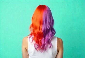 A woman back view is shown with vibrant orange and lavender-purple hair, exhibiting a striking contrast between vibrant orange and lavender-purple tones, the hair a wavy fashion