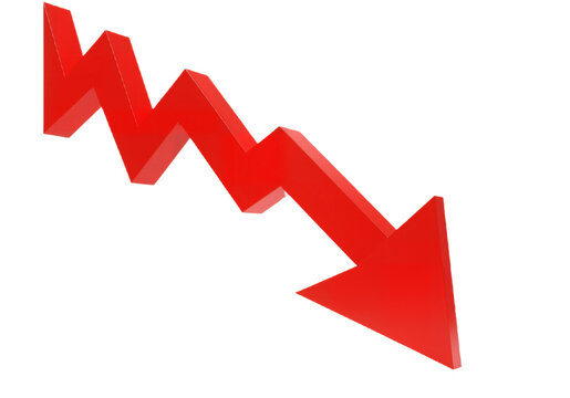 Bold Red Downward Arrow with Jagged Pattern Against White Background, Symbolizing Decline or Warning