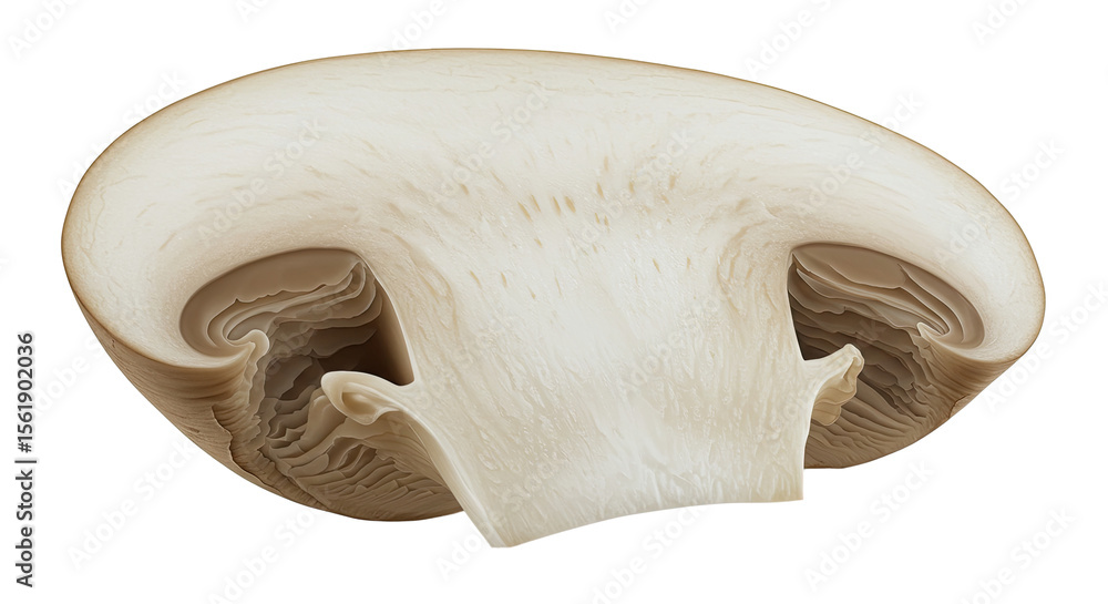 Poster a detailed cross section of a white mushroom showing its internal structure and gills