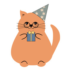 Nice cute cat in a holiday cap with present box on white vector illustration 