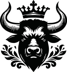 silhouette of head of a bull with a crown on black background