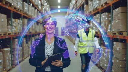 Globe appearing in warehouse aisle, manager holding clipboard, associate approaching in hi-vis vest - Powered by Adobe