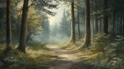 Fototapeta premium Walking slowly along a path in the forest, enjoying the peaceful surroundings