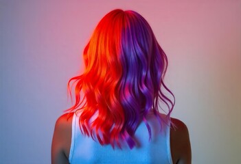A woman back view is shown with vibrant orange and lavender-purple hair, exhibiting a striking contrast between vibrant orange and lavender-purple tones, the hair a wavy fashion