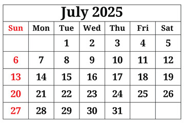 July 2025 ENGLISH month calendar. png transparent illustration
