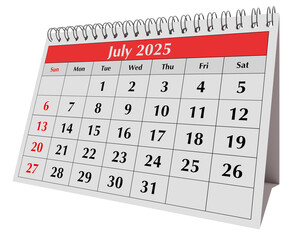 July 2025 calendar. Page of annual business desk month summer calendar isolated on transparent
