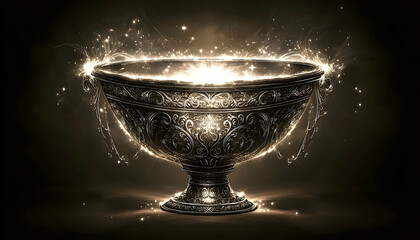 Ornate metal chalice glows with brilliant light, set against a blurry, dark backdrop