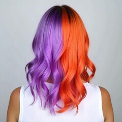 A woman back view is shown with vibrant orange and lavender-purple hair, exhibiting a striking contrast between vibrant orange and lavender-purple tones, the hair a wavy fashion