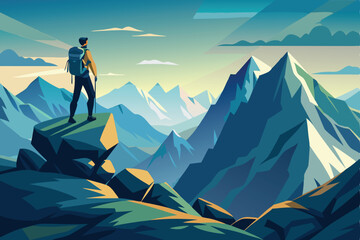 A serene vector illustration depicts a panoramic mountain landscape with snow-capped peaks, clouds, and a vast sky, evoking a sense of tranquil nature and winter beauty