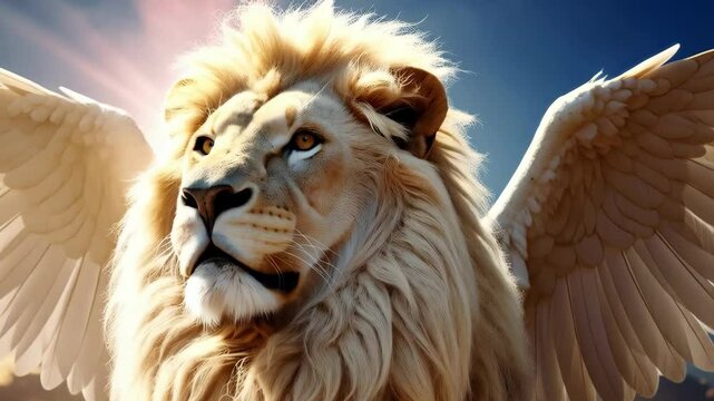 Majestic winged lion with white feathered wings gazes towards the sky, bathed in sunlight and against a blue cloudscape.