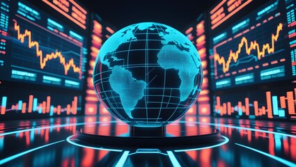 Futuristic digital globe with global financial data displays and neon lights