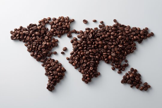 World map made of coffee beans on white background