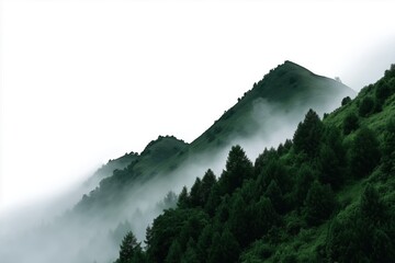 Misty green hillside with evergreen trees and foggy atmosphere