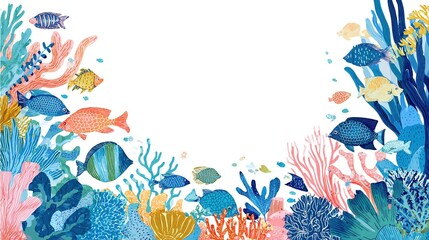 Obraz premium Reef fishes swimming with coral, an invitation card background for marine life concepts