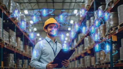 Inspector stepping into warehouse aisle scanning shelves verifying inventory data with map overlay - Powered by Adobe