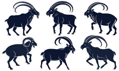 silhouette of screw horn mountain goat markhor.wild goat animal mountain eps 10