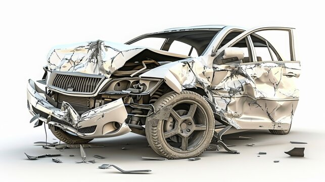 A white car was damaged in a road accident. The broken car is shown in isolation on a white background with a clipping path.