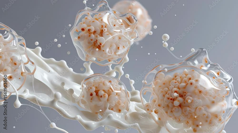 Poster a splash of milk with a few pieces of cereal floating in it. the cereal is white and has a crunchy t