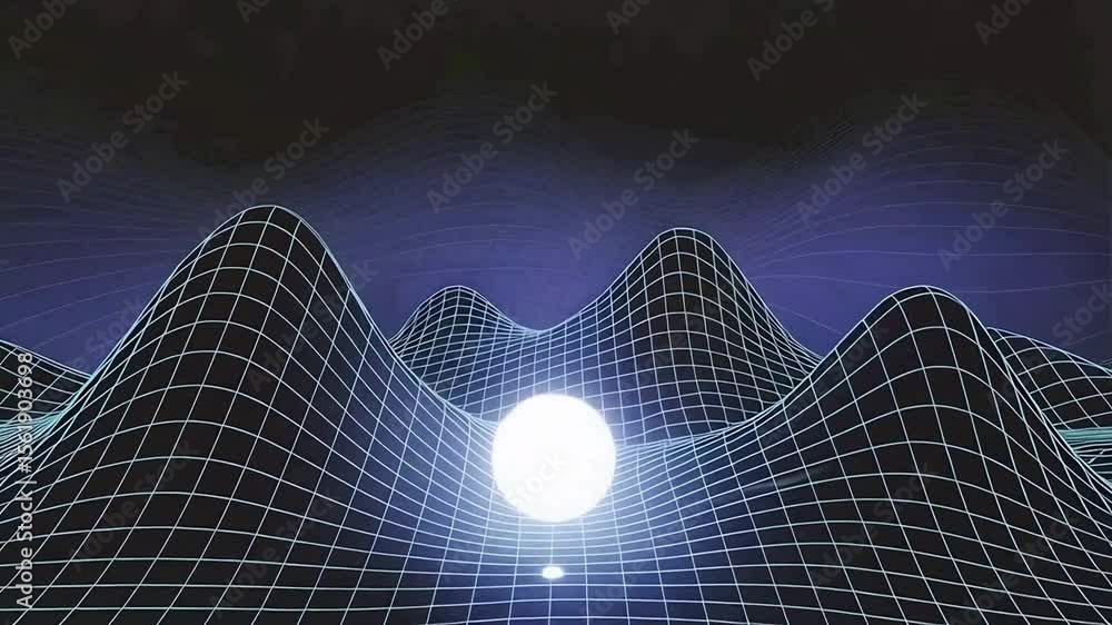 Poster luminescent sphere hovers above an undulating digital landscape with glowing gridlines