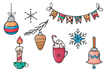 Christmas symbol icon set. Doodle cartoon style, sketch hand drawn blob brush stroke line, black ink marker contour. Hanging toy garland, cup, ball, candle, snowflake collection. Vector illustration