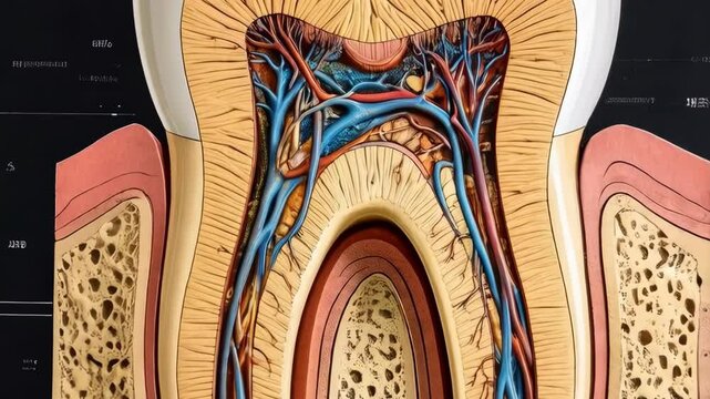 Detailed tooth anatomy illustration displaying enamel, dentin, pulp, root, and bone structure against a dark scholarly background.