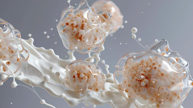 A splash of milk with a few pieces of cereal floating in it. The cereal is white and has a crunchy texture. The milk is white and has a frothy appearance. The scene is set against a gray background