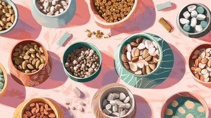 2D illustration of various pet food bowls filled with dry kibble and treats