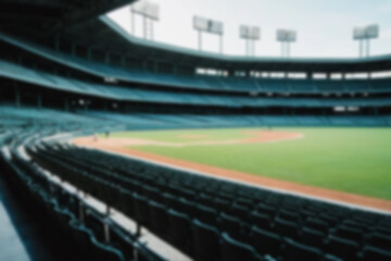 Blurry photo of a baseball field, inside a magnificent stadium with no people in sight.