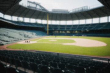 Fototapeta premium Blurry photo of a baseball field, inside a magnificent stadium with no people in sight.