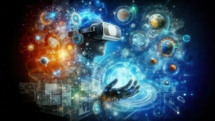 Virtual reality headset digital human futuristic technology and artificial intelligence data visualization glowing blue innovation immersive experience, vibrant science fiction cosmic background