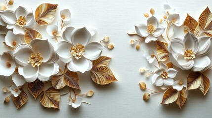 Detailed paper flower arrangement in white and gold tones.
