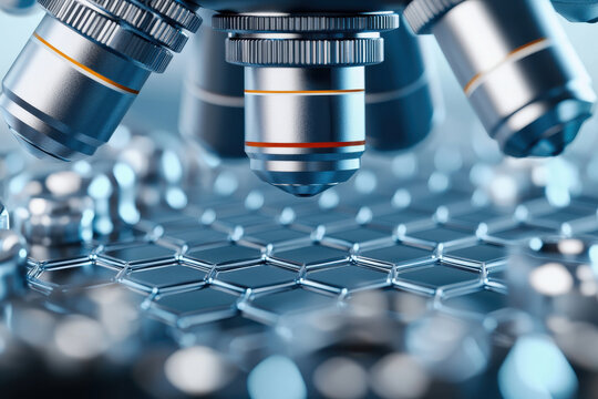 Close-up view of microscope lenses over a hexagonal grid, showcasing scientific exploration.