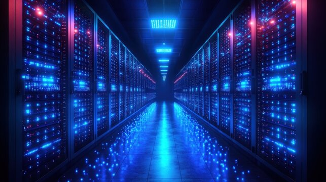 Futuristic server room with glowing technology
