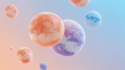 Spherical objects with cloudlike patterns float against a gradient sky - Powered by Adobe
