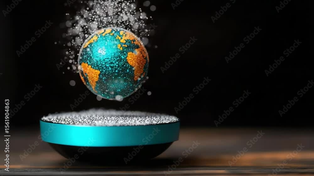 Poster floating globe with detailed continents above a circular base, surrounded by bubbles in a dark setti