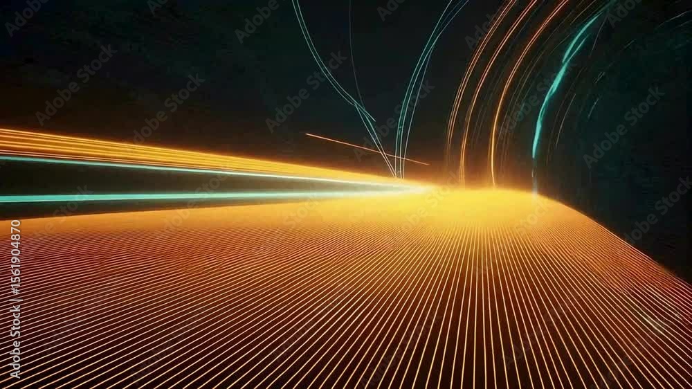 Poster abstract futuristic visualization showcases data stream with blue and gold glowing lines