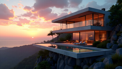 Obraz premium Modern House with Pool Overlooking Ocean at Sunset
