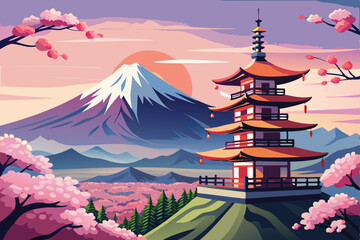Fototapeta premium Japanese pagoda amidst cherry blossoms with Mount Fuji in a serene spring landscape