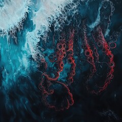 Abstract artwork of swirling teal and white paint with crimson coral-like formations